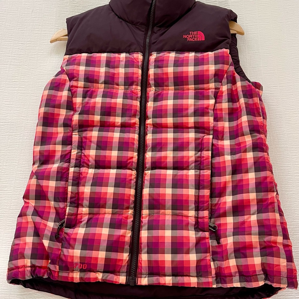 The North Face 700 goose down pink purple plaid vest